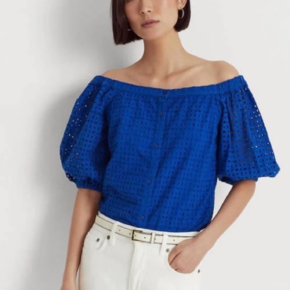 NWT Lauren Ralph Lauren Blue Eyelet Off-Shoulder Blouse - Size L - Picture 1 of 16